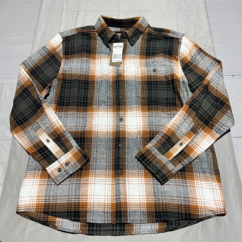 North River Mens Brown Grey Plaid Cotton Flannel Shirt NRM6385 NWT Size L